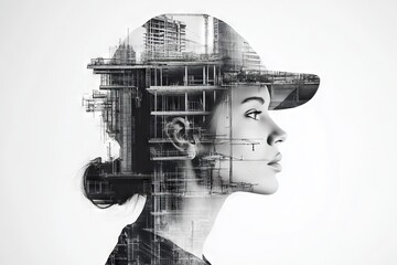 A woman's face is overlaid with a city under construction.