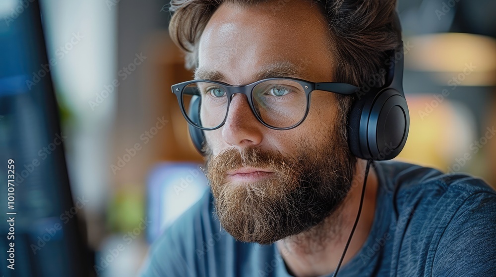 Aufkleber Software developer in a call with a client.