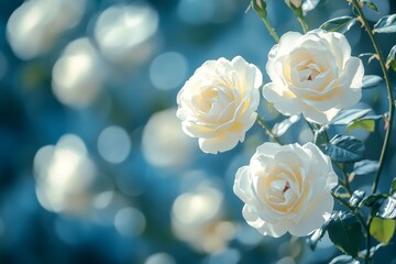 Three white roses in bloom with a blurred background of other roses.