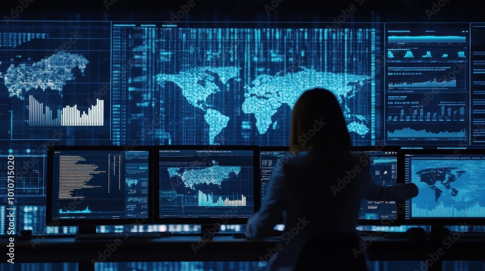 Poster woman analyzing global data and analytics on multiple screens