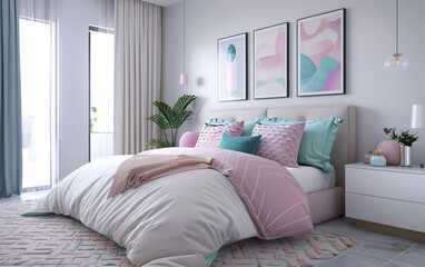 Sleek modern bedroom with pastel accents and soft textures.