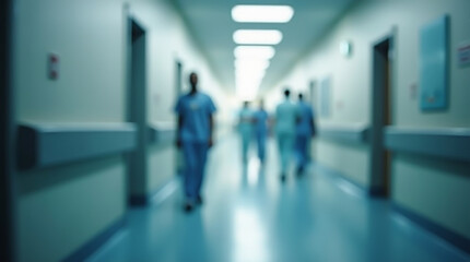 Blurred image of medical personnel walking along a bright hospital corridor