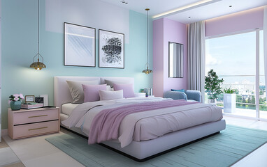 Sleek modern bedroom with pastel accents and soft textures.