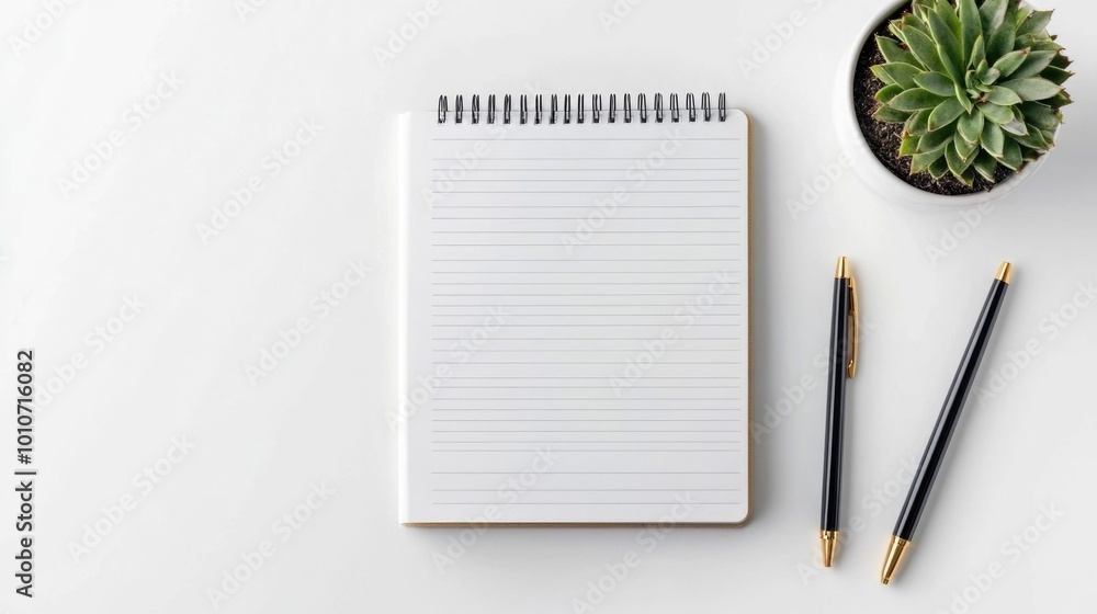 Poster minimalist planner notebook with blank page and pen lying across it ready for a fresh start and new 