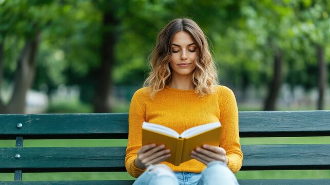 Young woman sitting on a park bench reading a book and planning her day integrating outdoor relaxation into her balanced routine Concept of personal time management productivity and self care - Powered by Adobe