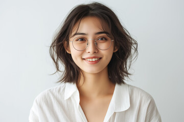 Portrait of a young smiling Asian woman in glasses on a yellow background