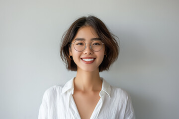 Fototapeta premium Portrait of a young smiling Asian woman in glasses on a yellow background