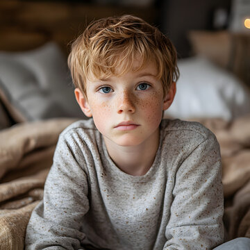 Portrait doux d'un gar&ccedil;on avec des taches de rousseur.
Portrait intimiste capturant une expression &agrave; la fois s&eacute;rieuse et contemplative. Eclairage doux