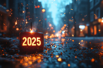 new year's eve 2025 celebration with fireworks and sparkles in city street - blue and orange color palette