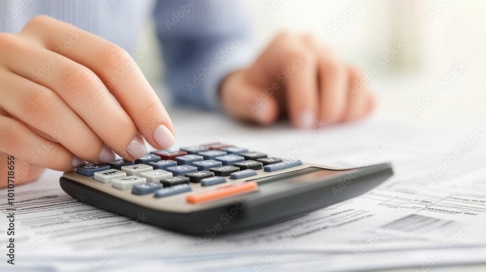 Poster close up view of a hand holding a calculator with tax forms and documents spread out on a desk highl