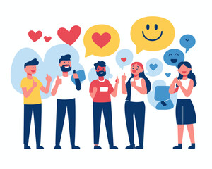 Fototapeta premium Social Media Team Concept with Happy Business People Holding Thumbs Up, Love, Speech Bubbles, and Smile Signs in Flat Minimalist SVG Vector