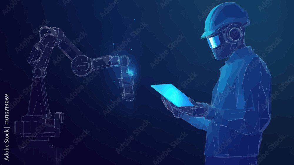 Aufkleber abstract polygonal engineer with tablet controlling robotic arm in smart technology manufacturing pr