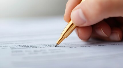 Close up shot of a hand holding a pen and signing a tax return form finalizing the completion of the taxation process  The image depicts the final stage of filing taxes with a focused