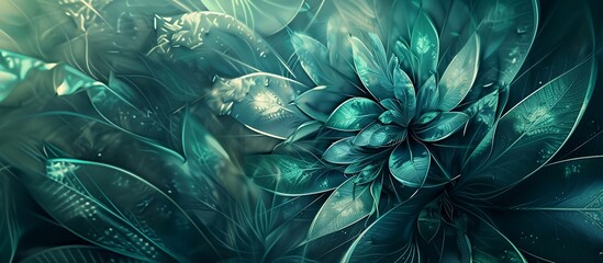 Obraz premium A beautiful green leafy abstract flower plant with a transformative teal and blue color background