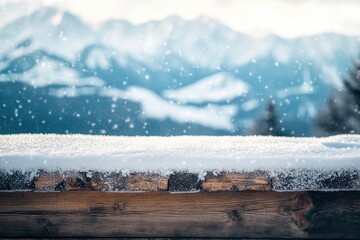 wooden desk cover of snow and frost with landscape of winter Alps. Christmas magic time with generative ai