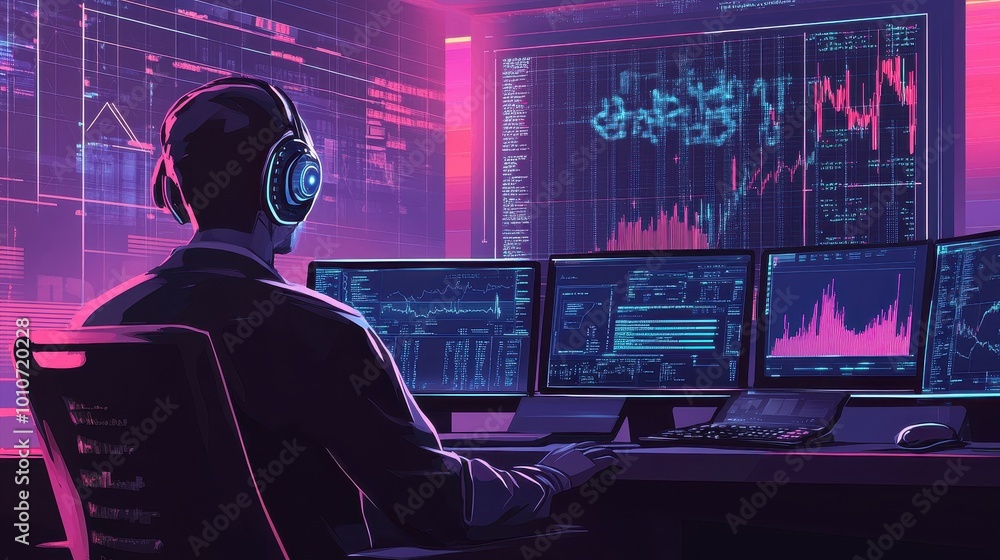Poster futuristic tech trader analyzing stock market data in neon-lit trading room