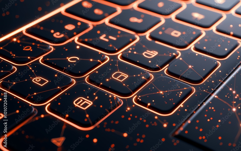 Poster abstract network connections around a keyboard with glowing locks, network security, digital securit