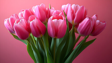 Obraz premium Beautiful composition spring flowers. Bouquet of pink tulips flowers on pastel pink background. Valentine's Day, Easter, Birthday, Happy Women's Day, Mother's Day. Flat lay, top view, copy space