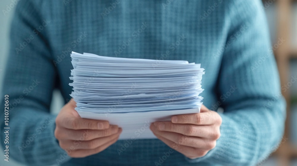 Poster a focused individual carefully sorting through a large stack of receipts thoroughly preparing for th