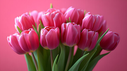 Obraz premium Beautiful composition spring flowers. Bouquet of pink tulips flowers on pastel pink background. Valentine's Day, Easter, Birthday, Happy Women's Day, Mother's Day. Flat lay, top view, copy space