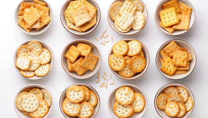 Set of different tasty crackers in bowls on white background, top view
