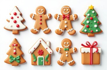 Fototapeta premium Xmas Gingerbread cookies. Christmas Classic biscuit. Cute ginger bread man, Xmas tree, house, present, colorful glazed