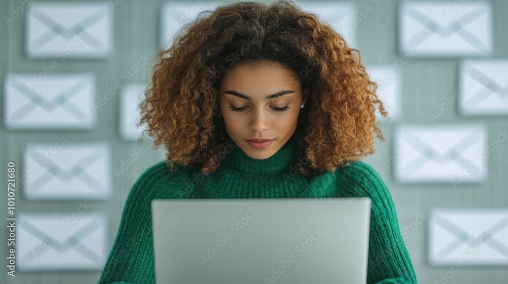 Poster focused woman working on laptop computer organizing and preparing tax related emails and documents i