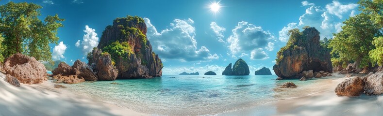 Fototapeta premium Tropical Beach with White Sand, Crystal Clear Water, Lush Green Foliage, and Majestic Rock Formations.