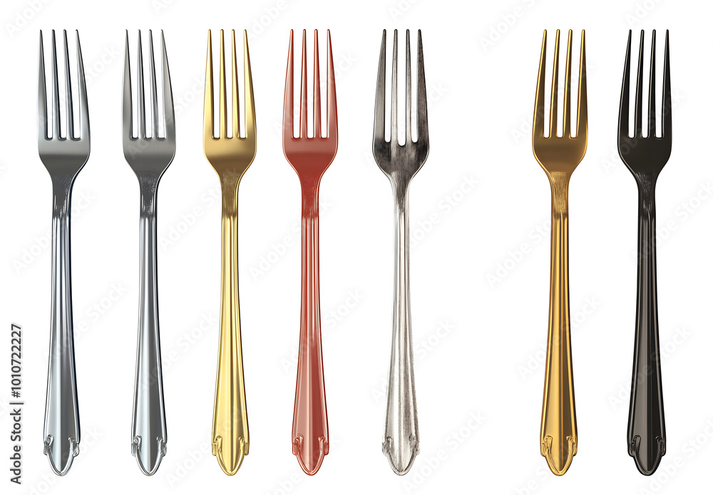 Poster set of various modern realistic dinner forks in different colours isolated on transparent background