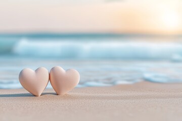 Beach scene with two hearts in the sand, sunset glow, ocean waves approaching, symbol of love and serenity