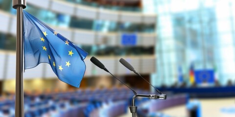 A vibrant European Union flag stands on the podium, symbolizing unity. The assembly hall buzzes with energy as officials prepare to discuss critical matters of the EU.