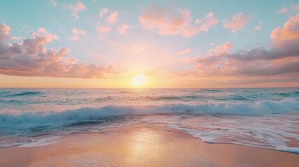 Serene Ocean Sunset with Colorful Clouds and Waves