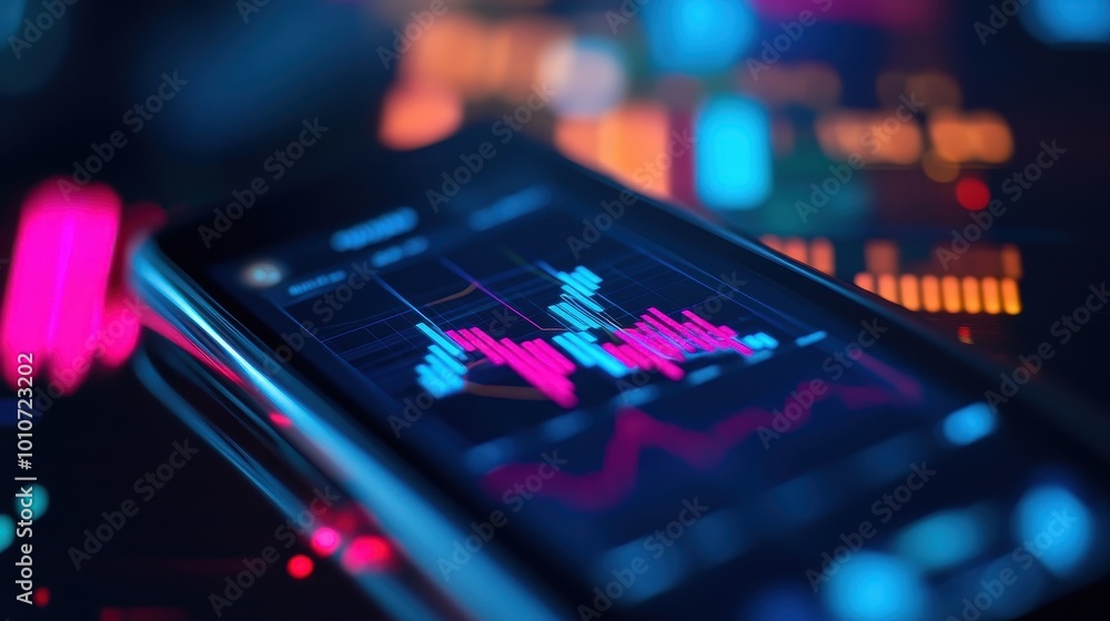 Poster vibrant digital display with financial data charts and graphs