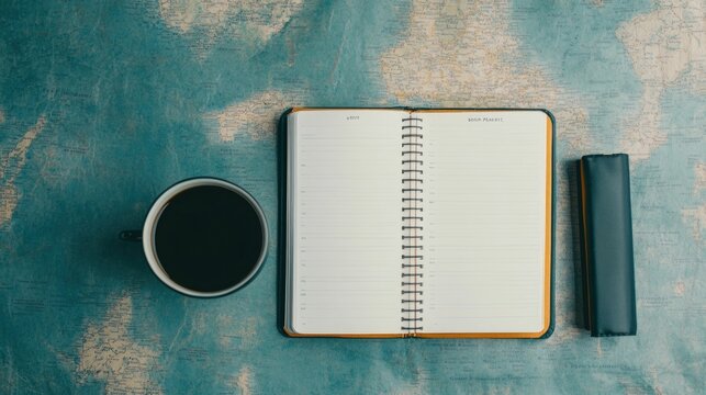 Open spiral notebook planner on a teal and gray desk displaying a weekend page with plans for relaxation and leisure activities  The concept of weekend planning rest and recharge
