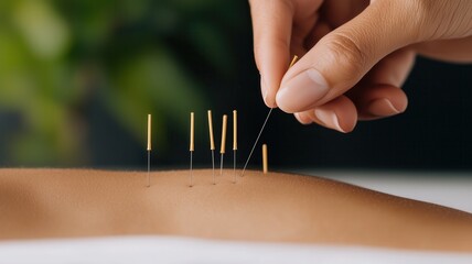 A close-up of a hand applying acupuncture needles onto a person's arm, showcasing the technique of traditional Chinese medicine for holistic healing and pain relief.
