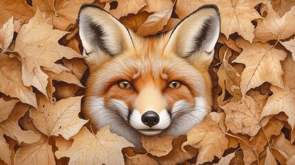 Obraz premium A close-up of a fox's face surrounded by autumn leaves, showcasing the natural beauty and vibrant colors of nature in the fall season.