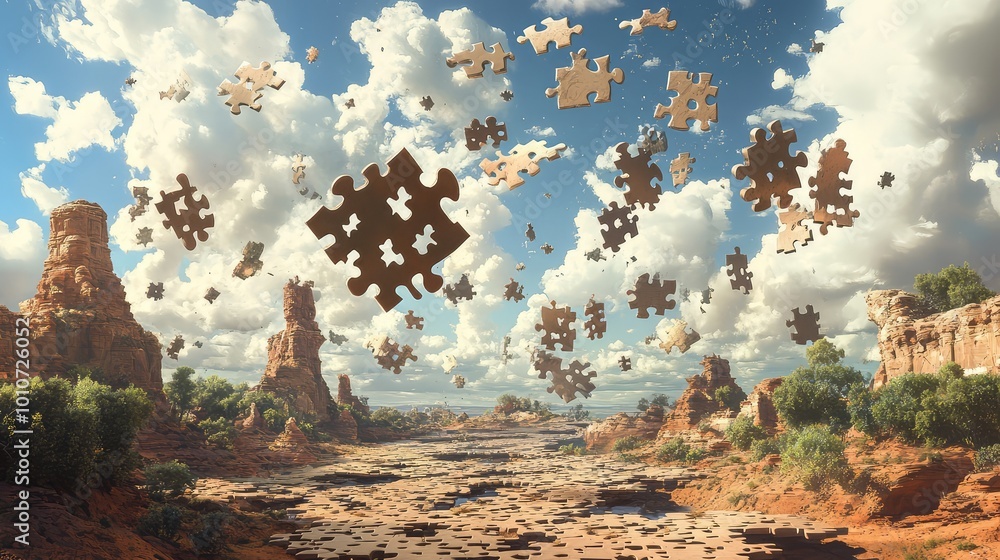 Poster a puzzle piece landscape extends into the horizon, some pieces floating in midair while others are f