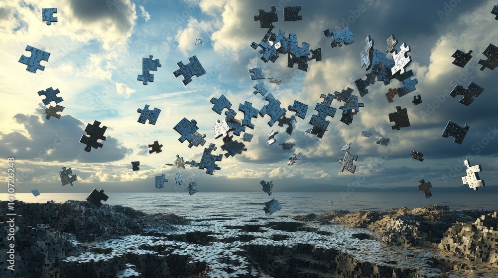 Poster a puzzle piece terrain unfolds into the horizon, with some pieces hovering in the air, creating a su