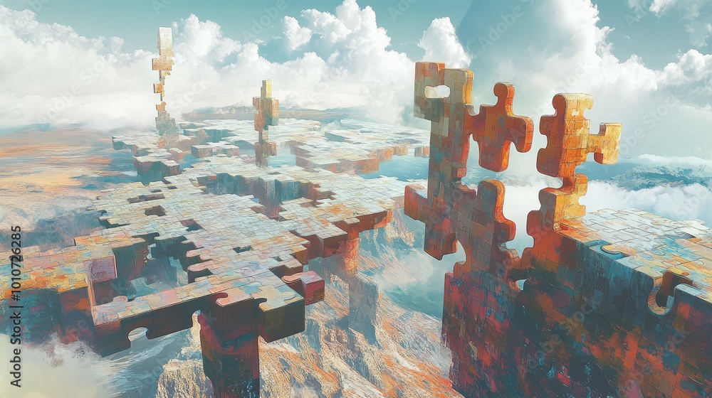 Poster a puzzle piece terrain unfolds into the horizon, with some pieces hovering in the air, creating a su