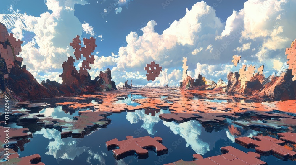 Poster a puzzle piece terrain unfolds into the horizon, with some pieces hovering in the air, creating a su