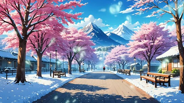 A small road was surrounded by wooden fences on both sides, with rows of dry, leafless trees standing tall. Snow covered the road and the ground, Seamless looping 4k time-lapse animation video backgro