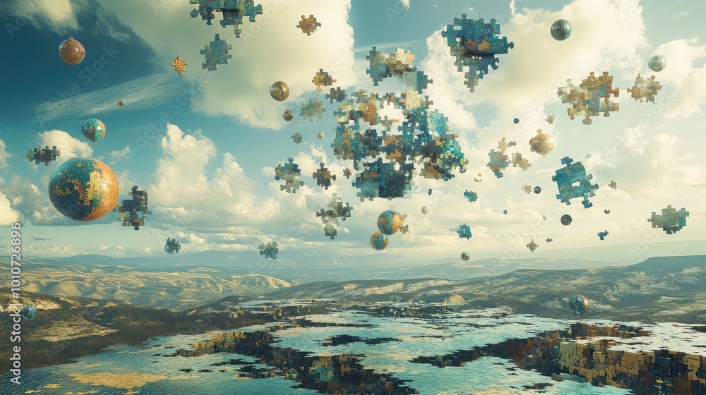 Poster a surreal landscape of puzzle pieces, with floating and embedded parts, stretches endlessly toward t