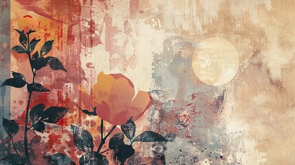 A painting of a flower with a moon in the background