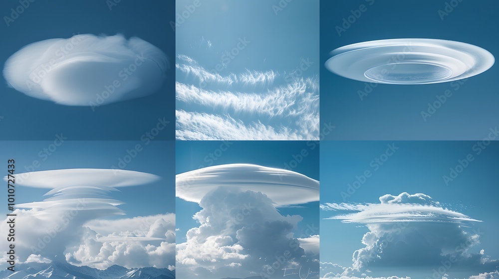Poster a comparative display of different classifications of lenticular clouds, such as altocumulus lenticu