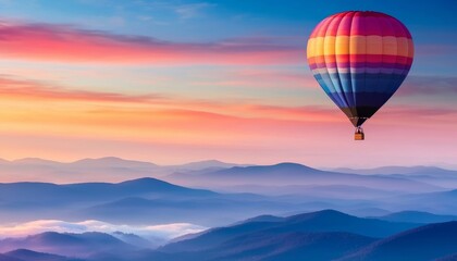 Fototapeta premium Colorful hot air balloon over misty mountain valley, early morning light, scenic flight, calm and peaceful adventure
