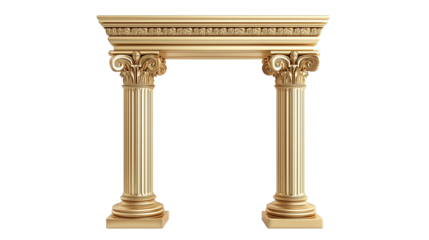 Gold classic colonnade with arch and corinthian column isolated on transparent or white background