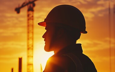 Fototapeta premium Construction worker in protective gear, industrial site at sunrise, focus on worker safety and building progress