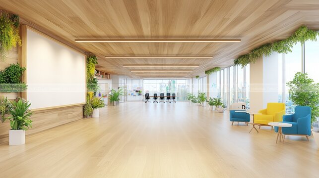 Empty modern office hallway with glass partitions, soft lighting, and minimalistic decor. Sleek and professional business environment.