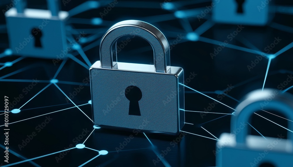 Aufkleber cybersecurity concept with padlock icons and a connected network background, data security, internet