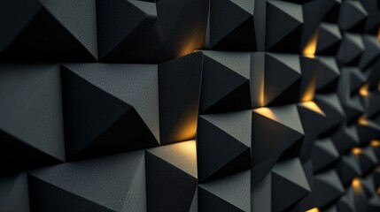 Fototapeta premium Dark acoustic foam panels illuminated by focused lights, sound isolation in recording studio setting